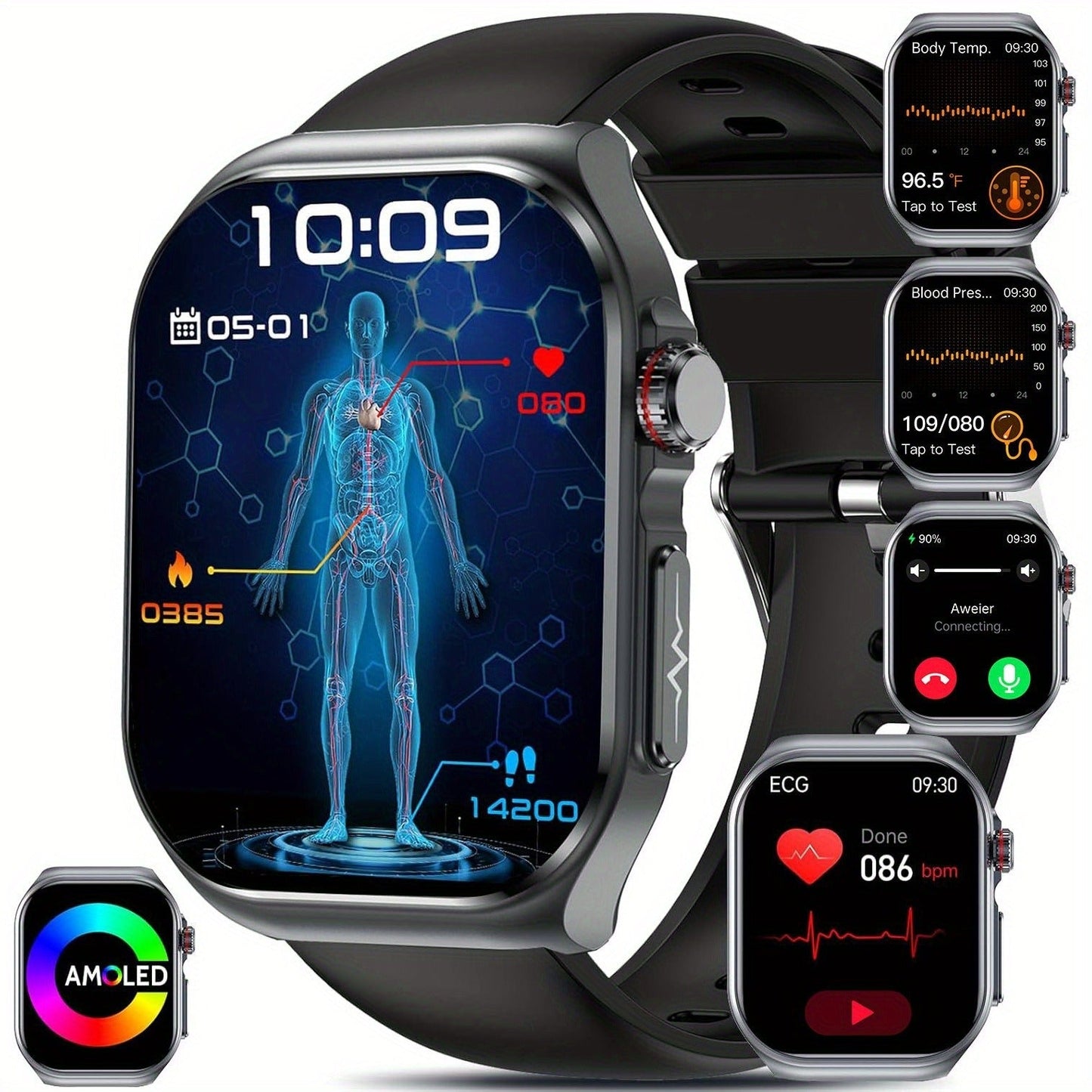 AMOLED Smartwatch 2.04" Display, Bluetooth 5.3 Calling, NFC, 530mAh Battery, Multi-Sport Modes, Voice Assistant, SOS, Menstrual & Weather Forecast, Magnetic Charging, Compatible with iOS & Android, Unisex Gift for Men & Women