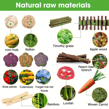 Small Animal Dental Treats 21pcs – Natural Timothy Hay Variety Set with Hay Sticks, Timothy Cakes & Carrot Strawberry Treats for Rabbits, Guinea Pigs & Hamsters – Teeth Care Forage Snacks