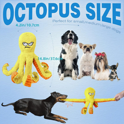 Tough Dog Chew Toy Octopus - Squeaky Stuffed Interactive Dog Toys for Large Dogs, Crinkle Tug of War Plush Dog Toy to Keep Dogs Busy, Durable Dog Toys 1/2/4 Pack - Blue & Yellow Octopus