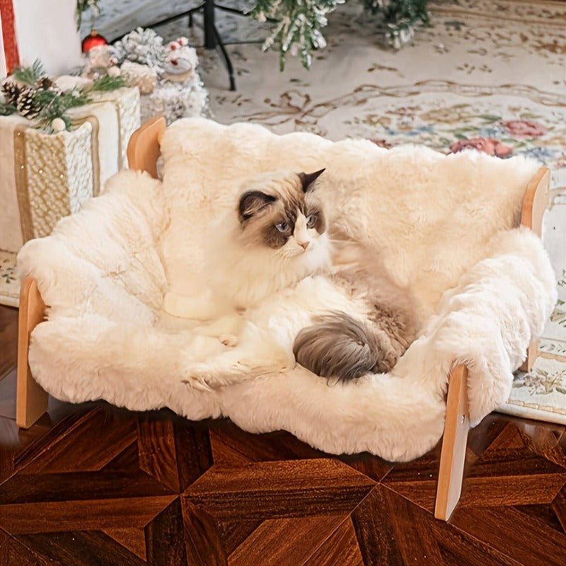 Raised Solid Wood Pet Couch Bed Elevated Modern Cat & Dog Sofa Chair 27x18x12 Inch - Thick Wide Wood Frame Space-Saving Cozy Pet Furniture for Cats & Small Dogs in White & Grey