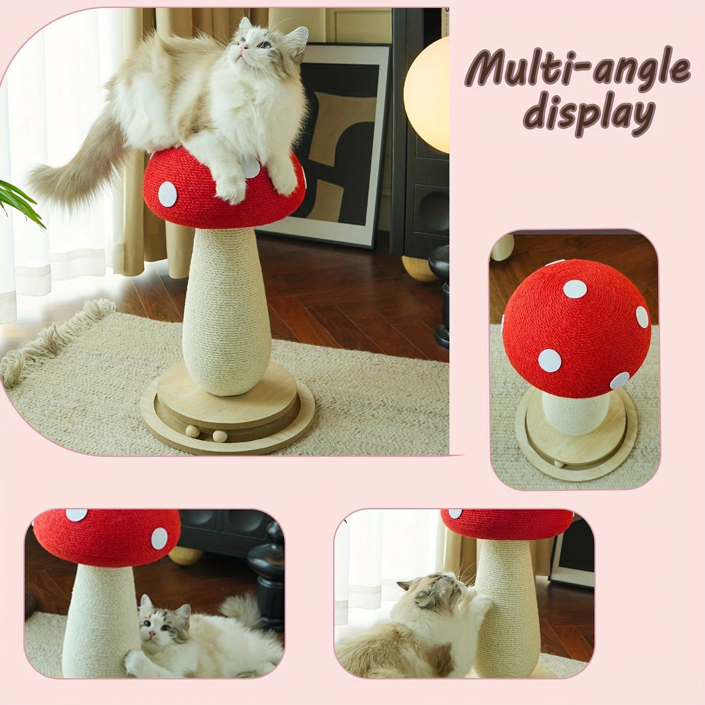 Cat Scratching Post Mushroom Sisal Board with Spinning Ball Track Interactive Toy for Cats and Kittens Stable Non-Slip Base Large