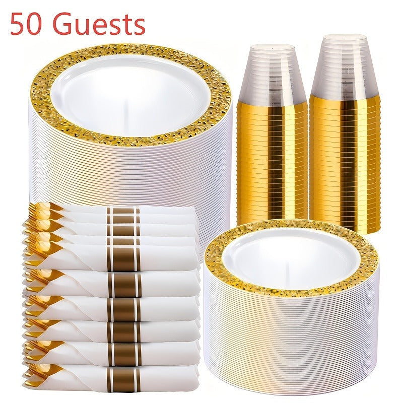 Gold Disposable Dinnerware Set for 50 Guests 350pcs – Includes Dinner Plates, Dessert Plates, 9oz Cups with Gold Rim, Pre-Rolled Napkins & Gold Cutlery | Perfect for Wedding, Party & Holiday Celebration