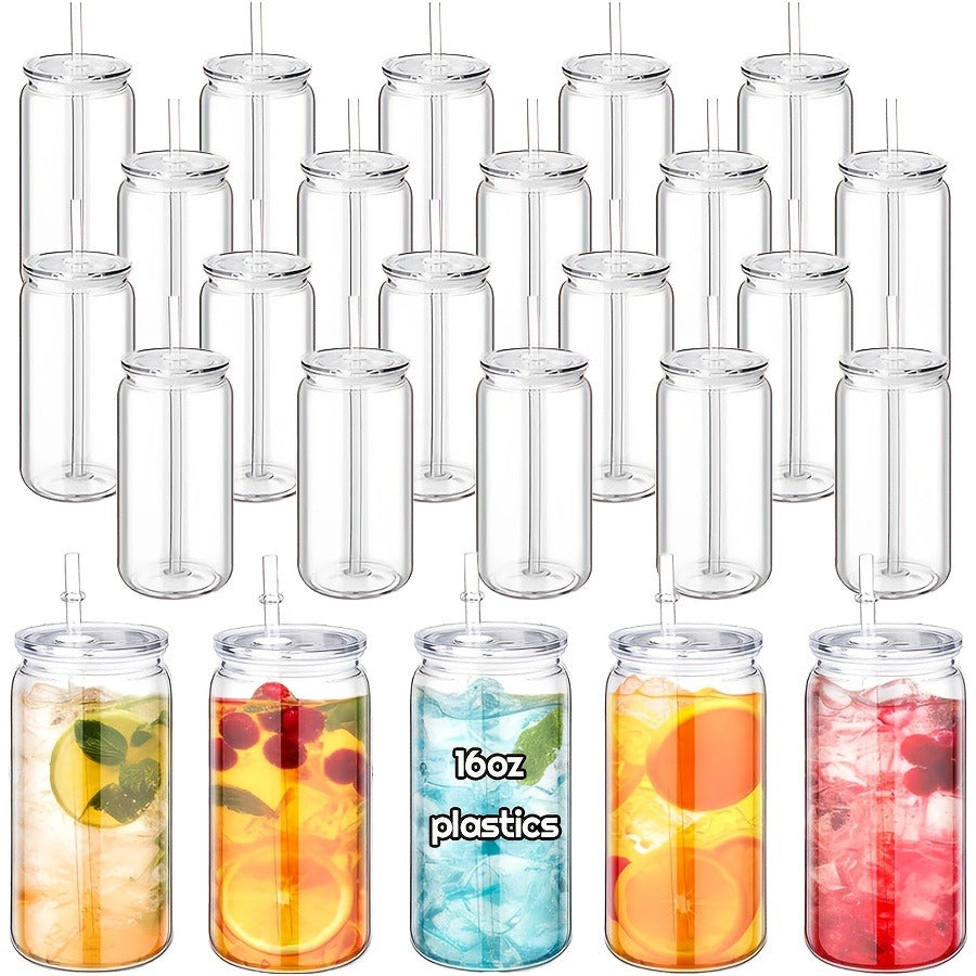 16oz Plastic Cups with Lids and Straws Bulk 25pcs Set Clear Flat Bottom Tumbler Single or Double Wall for Iced Coffee Boba Water Juice Party Favors Christmas Gifts