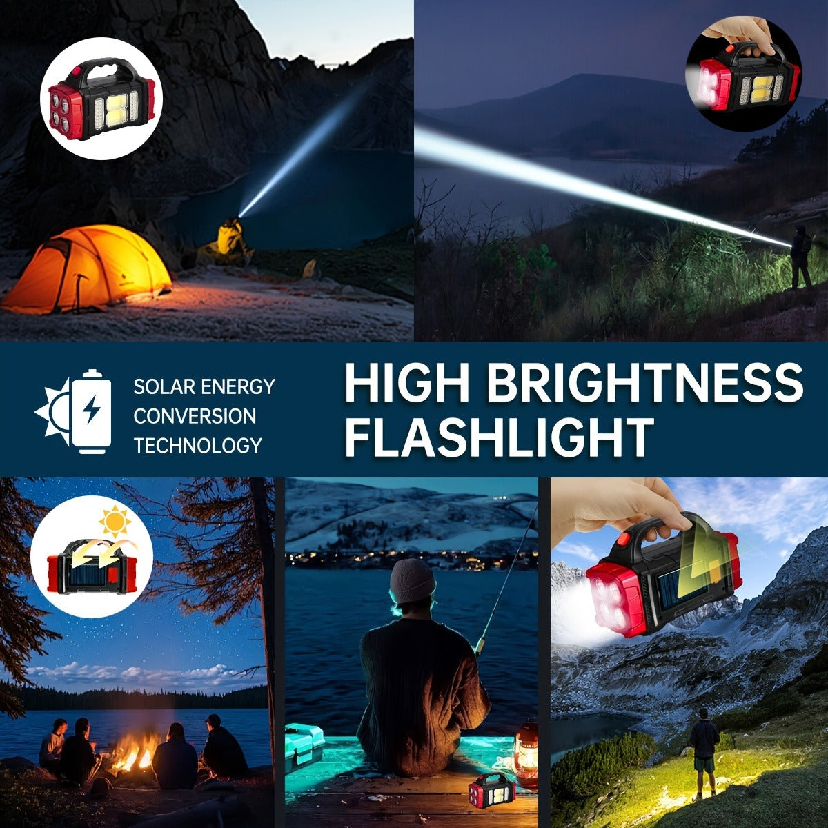 Solar Powered Camping Lantern & LED Flashlight – Rechargeable Portable Solar Camp Light with Batteries Included, Bright Versatile Outdoor Light for Hiking, Camping & Outdoor Activities