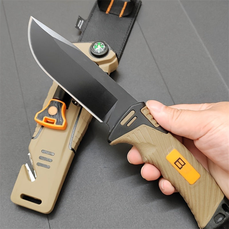 Fixed Blade Outdoor Camping Knife 9.64 Inch Stainless Steel, Survival Hunting Knife with Flint Fire Starter Night Light Sharpener Safety Sheath, Non-Slip Ambidextrous Handle for Hiking Mountaineering Adventure