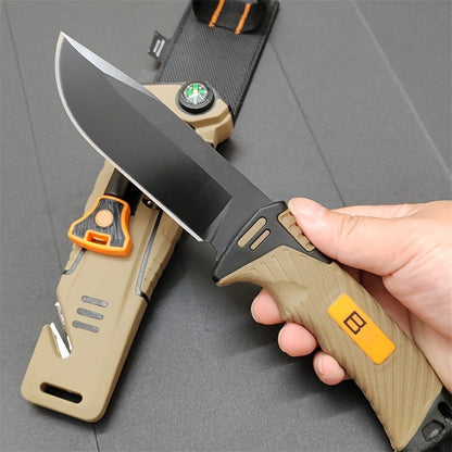 Fixed Blade Outdoor Camping Knife 9.64 Inch Stainless Steel, Survival Hunting Knife with Flint Fire Starter Night Light Sharpener Safety Sheath, Non-Slip Ambidextrous Handle for Hiking Mountaineering Adventure
