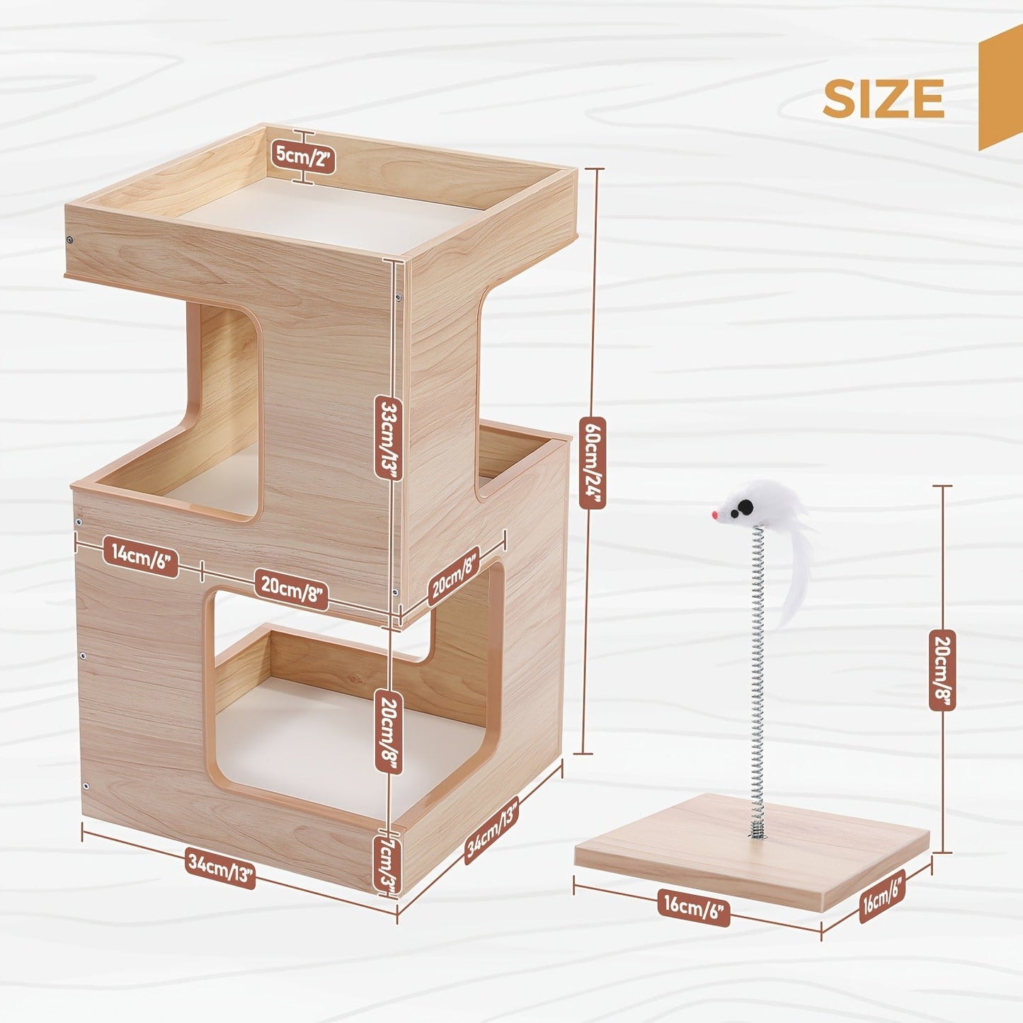 Cat Tree Small Modern 23.6" Wood Cat Tower Furniture with Scratching Pad Removable Soft Mats & Free Cat Toy for Indoor Kittens, Climbing Scratching Playing Cat Furniture for Small Spaces, Brown