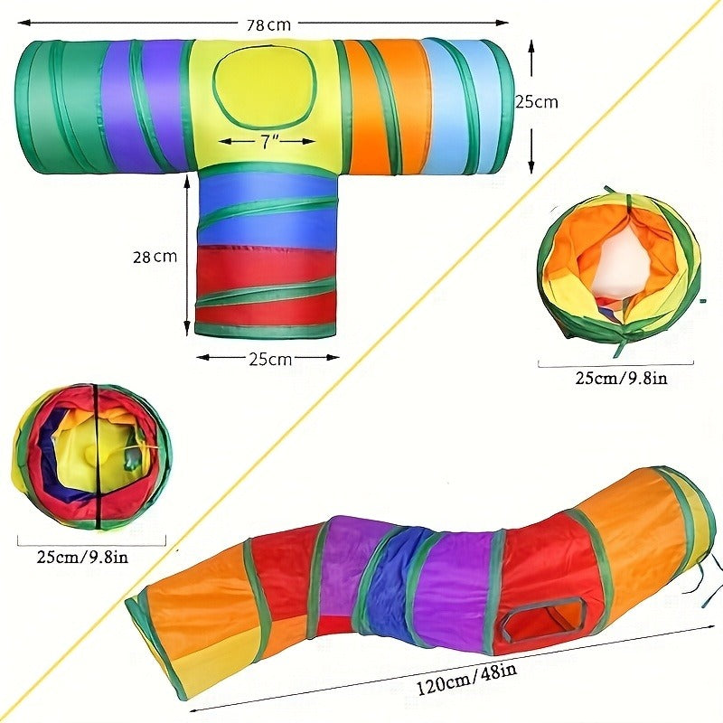Collapsible Cat Tunnel Toy - Foldable S-Shaped & 3-Way Tube with Ball & Peek Holes, Rainbow Colors, Connectable Cat Play Tunnel for Indoor Cats & Kittens, 1pc or 2-Pack Bundle