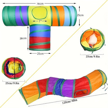 Collapsible Cat Tunnel Toy - Foldable S-Shaped & 3-Way Tube with Ball & Peek Holes, Rainbow Colors, Connectable Cat Play Tunnel for Indoor Cats & Kittens, 1pc or 2-Pack Bundle