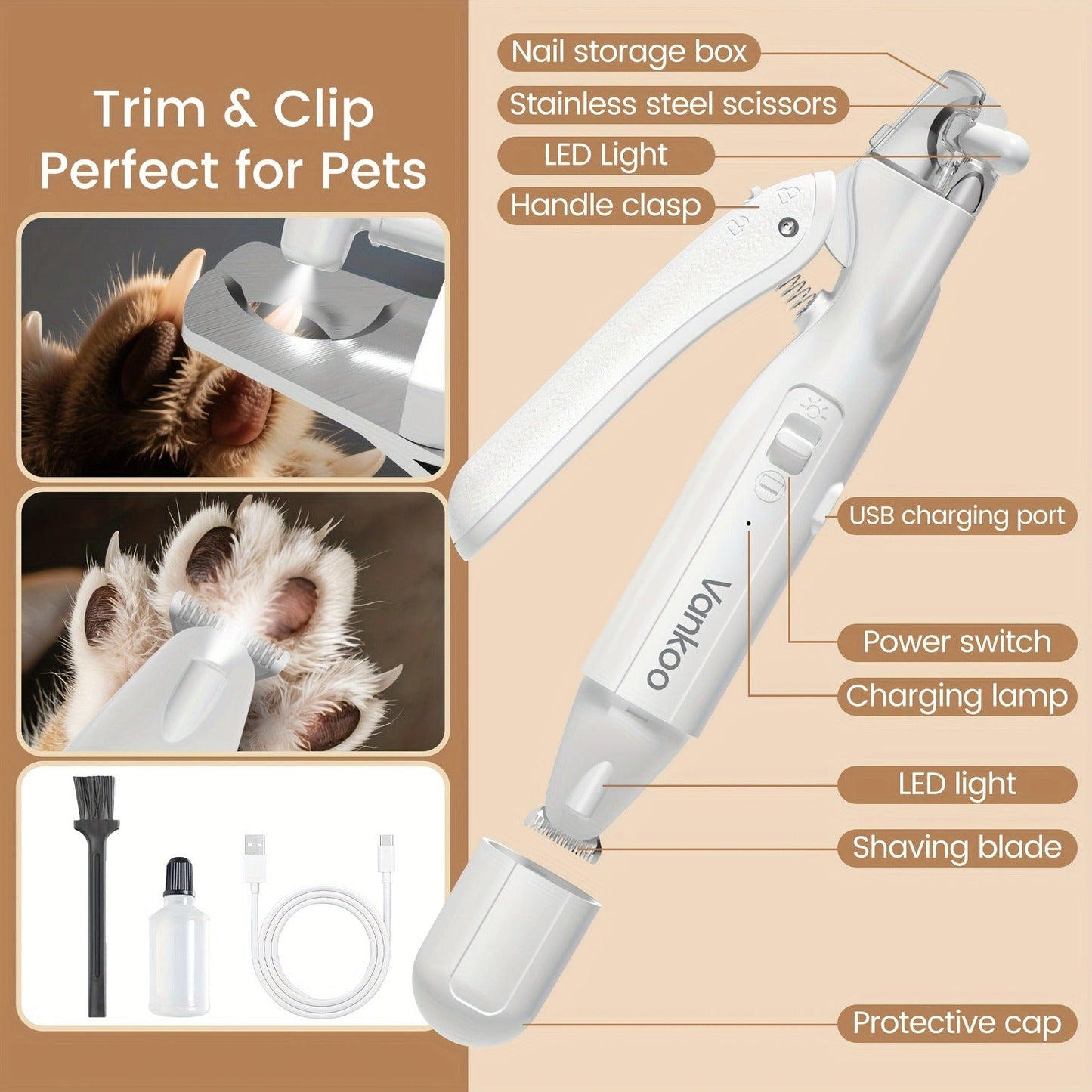 2-in-1 Pet Grooming Clipper with LED Light – Rechargeable Nail Cutter & Paw Hair Trimmer for Dogs & Cats | Precision Trimming for Paws, Face, Ears & Rump | Safe, Quiet & Cordless | White