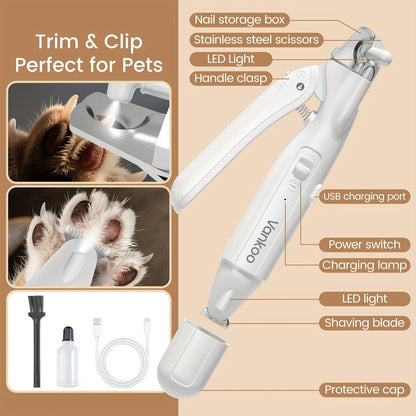 2-in-1 Pet Grooming Clipper with LED Light – Rechargeable Nail Cutter & Paw Hair Trimmer for Dogs & Cats | Precision Trimming for Paws, Face, Ears & Rump | Safe, Quiet & Cordless | White