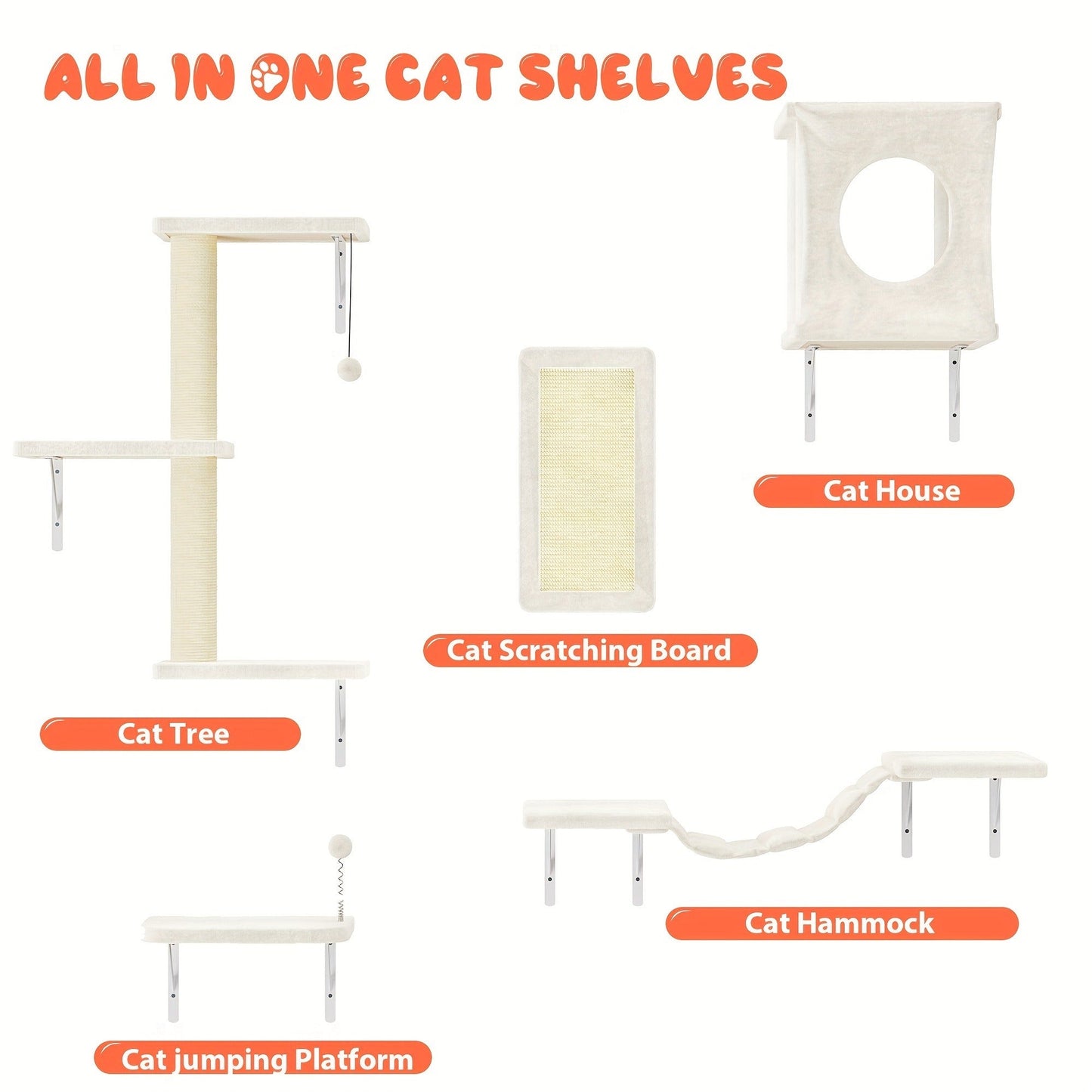 Cat Wall Shelves 5-Piece Set - Wall-Mounted Cat Furniture with Floating Perch, Cat Climber, Bridge & Cat Bed, Modern Cat Tree Alternative for Indoor Cats, Black / Grey / Beige