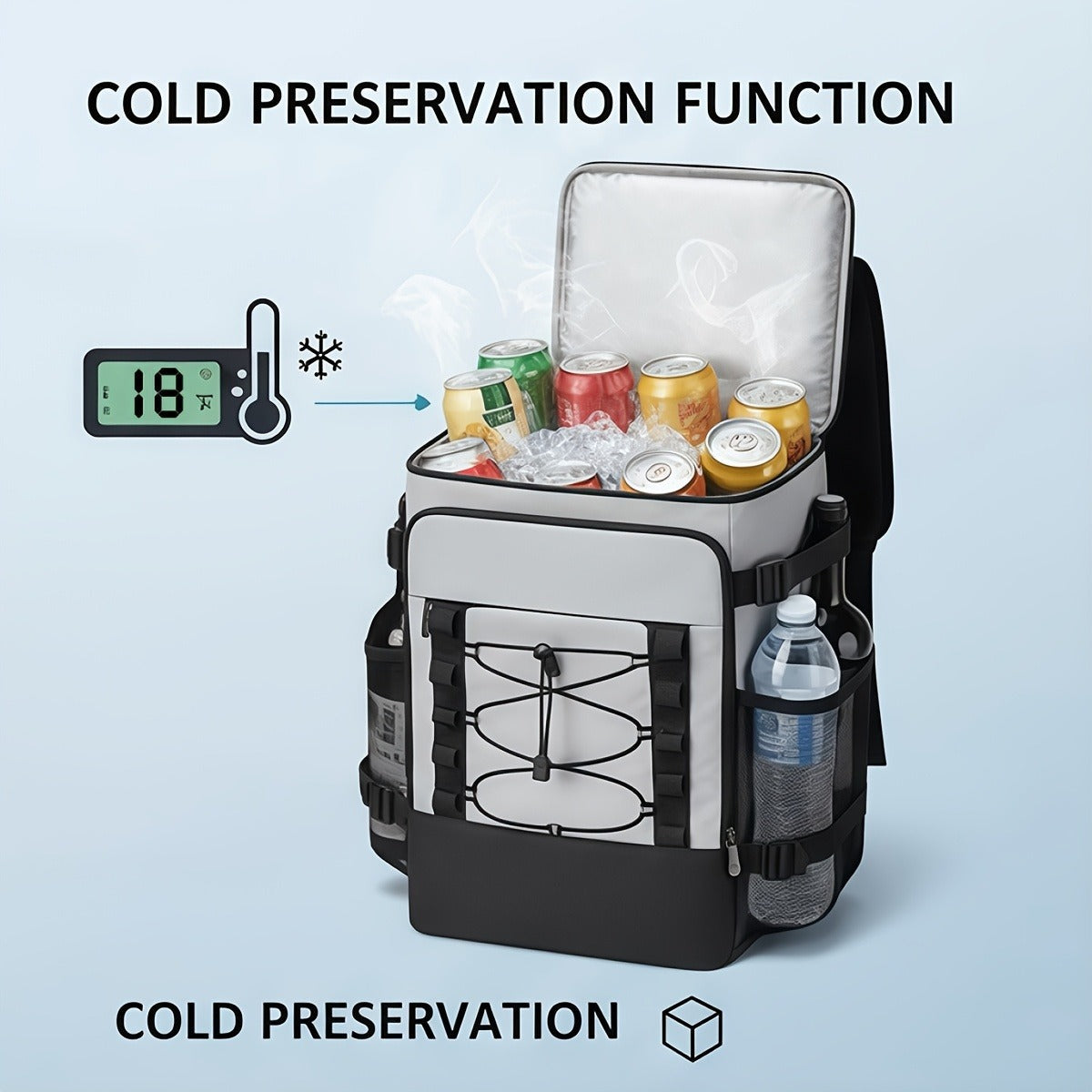 Insulated Cooler Backpack Leakproof Thermal Lunch Bag, Large Capacity Waterproof Cooling Rucksack for Camping, Hiking, Picnic & Beach, Foldable Soft Cooler Bag for Men & Women, Black & Grey