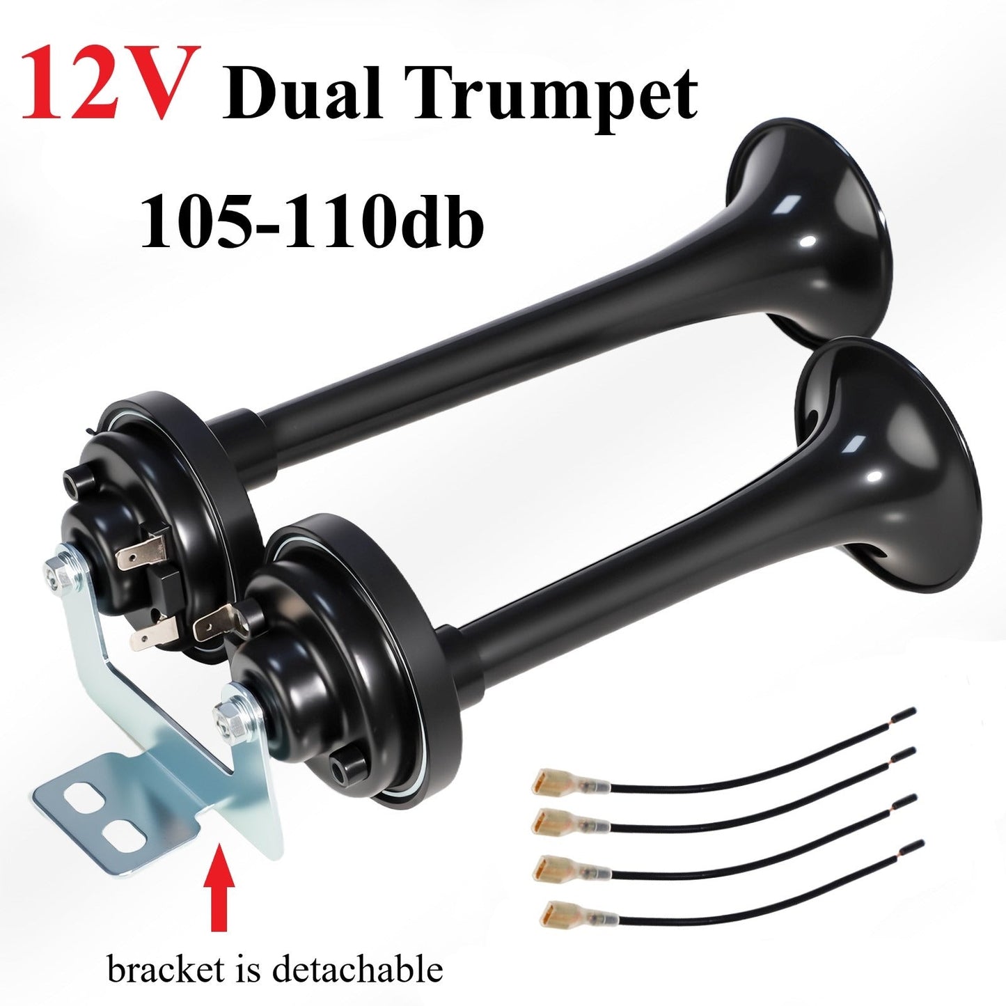 Dual Air Horn Kit 12V/24V 105-137dB with Air Compressor - Super Loud Aluminum Alloy Trumpet Horn for Truck, Train, SUV, Motorcycle, Car & Boat, Universal Electric Horn Easy Install