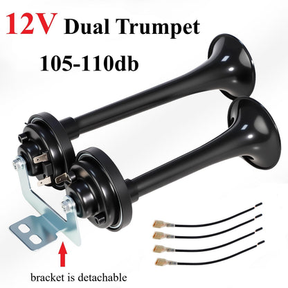 Dual Air Horn Kit 12V/24V 105-137dB with Air Compressor - Super Loud Aluminum Alloy Trumpet Horn for Truck, Train, SUV, Motorcycle, Car & Boat, Universal Electric Horn Easy Install