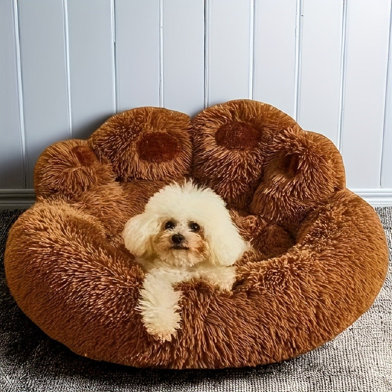 Dog Bed & Cat Bed Plush Bear Paw Print – Soft Warm Pet Bed for Small Medium Large Dogs, Thickened Long Plush, No Assembly, Autumn Winter Pet Sleeping Bed in Coffee Pink Gray
