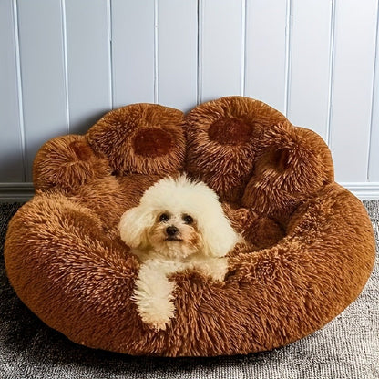 Dog Bed & Cat Bed Plush Bear Paw Print – Soft Warm Pet Bed for Small Medium Large Dogs, Thickened Long Plush, No Assembly, Autumn Winter Pet Sleeping Bed in Coffee Pink Gray