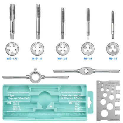 Tap and Die Set Metric – 12-Piece & 40-Piece M3-M12 Thread Plug Straight Taper with Pitch Calipers & Wrench, Internal & External Threading Tool Kit for Metal, DIY & Home Repair