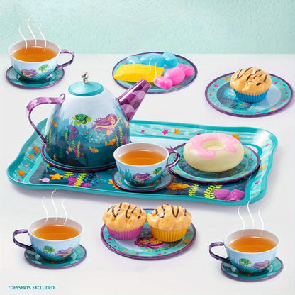 Mermaid Tea Party Set for Girls 21pcs – Tin Teapot, 4 Cups, Saucers, Plates & Carrying Case | Pretend Play Kitchen Toy for Toddlers, Birthday & Christmas Gift for Girls Ages 3 4 5 6