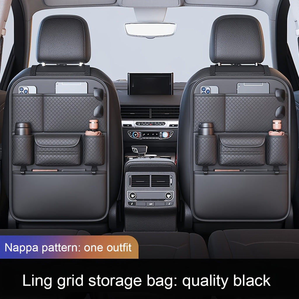Ling Grid Backrest Storage Bag: Large Capacity, PU Leather, Car Seat Organizer