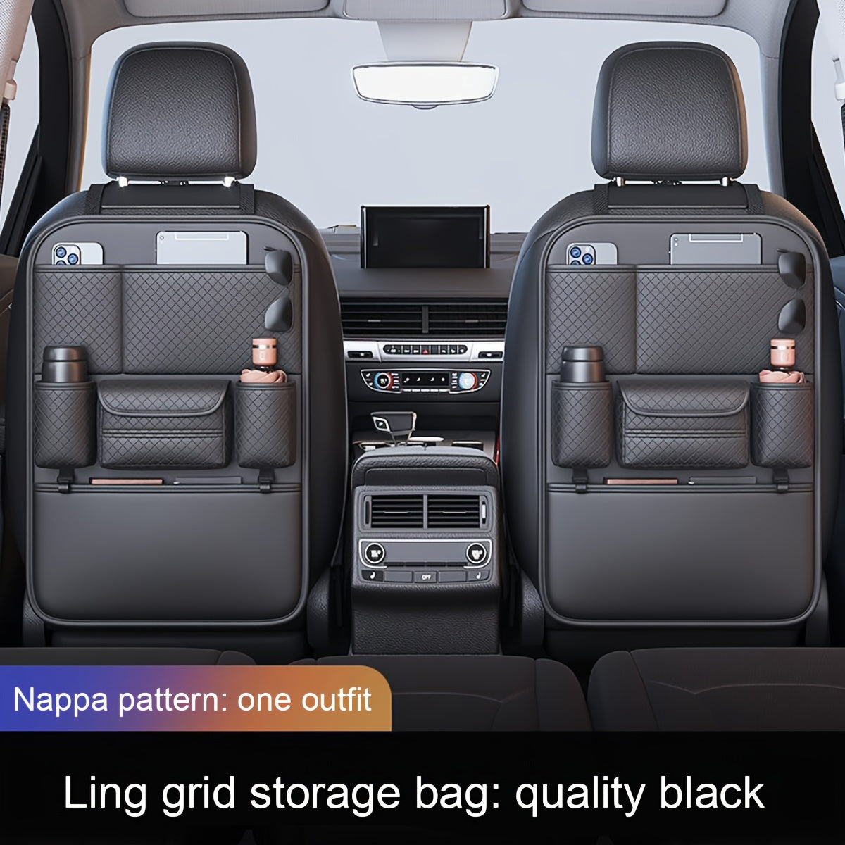 Ling Grid Backrest Storage Bag: Large Capacity, PU Leather, Car Seat Organizer