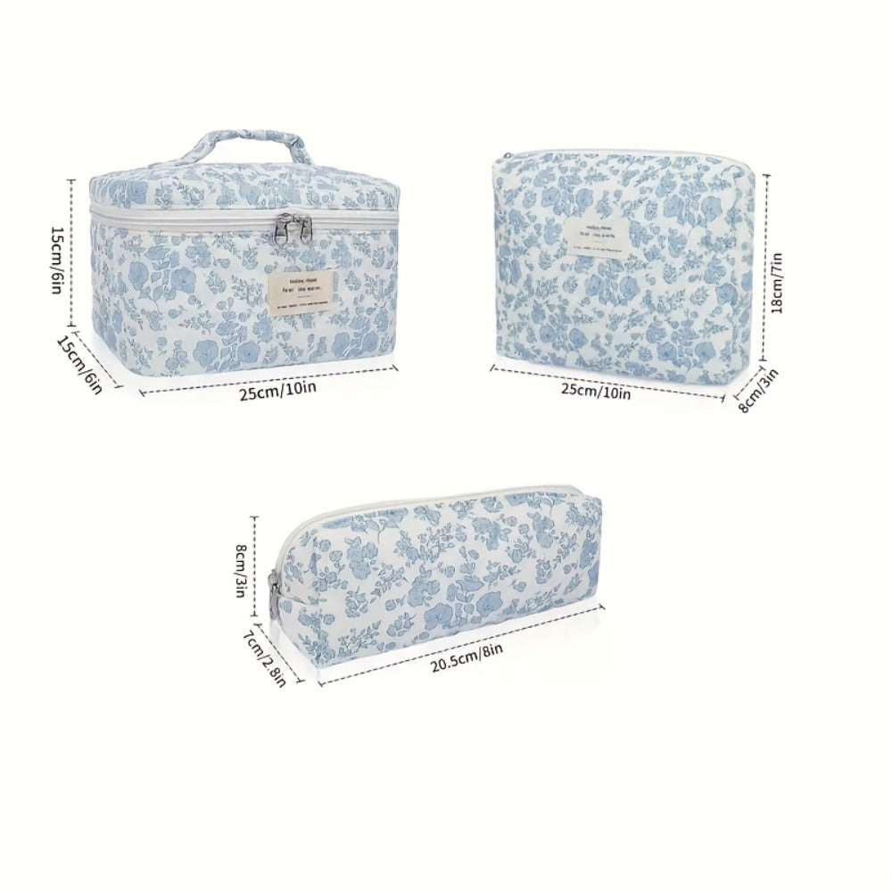 Quilted Makeup Bag Set 3 Pcs Floral Pattern Large Capacity Travel Cosmetic Organizer with Gold Zipper — Polyester Skincare Toiletry Pouch Blue Pink Peacock for Women