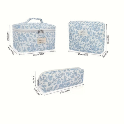Quilted Makeup Bag Set 3 Pcs Floral Pattern Large Capacity Travel Cosmetic Organizer with Gold Zipper — Polyester Skincare Toiletry Pouch Blue Pink Peacock for Women