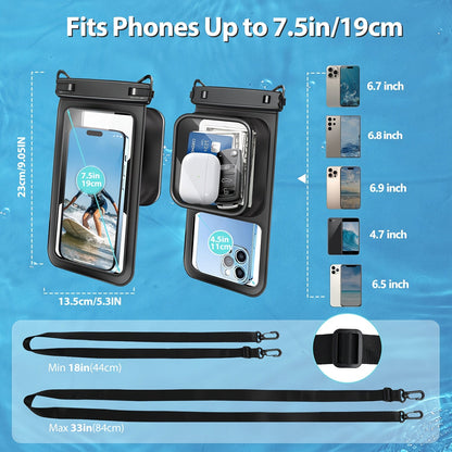 Waterproof Phone Pouch 2-Pack Double Layer Black & Cyan – PVC Dry Bag for Swimming, Rafting & Water Sports, Fits Up to 7.5", Dual Compartment with Adjustable Lanyard & Double Hook for Kayaking, Beach & Camping