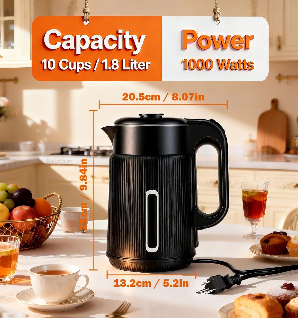 Electric Kettle 1000W Double Wall Stainless Steel – 57.48oz 304 SS Hot Water Kettle with 360° Rotary Base, LED Light, Auto Shut-Off & Boil-Dry Protection, Instant Water Warmer for Coffee & Tea – Black