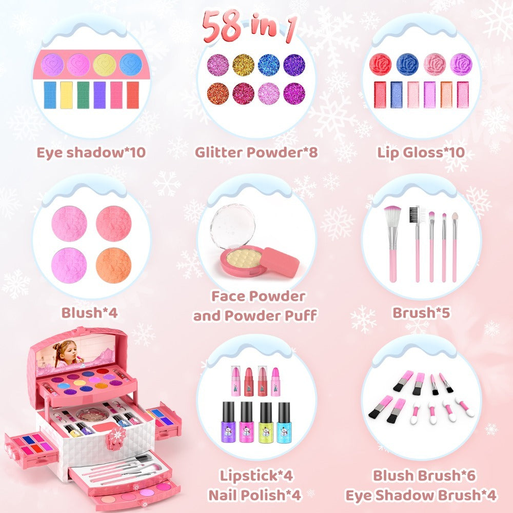 Princess Makeup Set for Girls Ages 3-12 – 58 PCS Non-Toxic Washable Pretend Play Makeup Kit with Brushes & Case | Skin-Friendly Beauty Toy | Best Birthday Christmas Gift for Little Girls