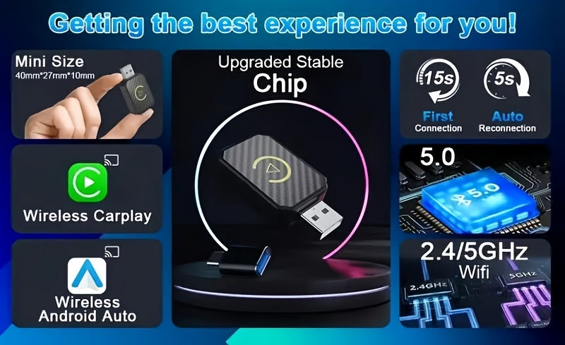 Mini wireless CarPlay adapter, suitable for Apple and Android, plug and play, low latency to convert wired to wireless CarPlay, suitable for a variety of models, upgraded in 2025, fast and stable connection, no battery required