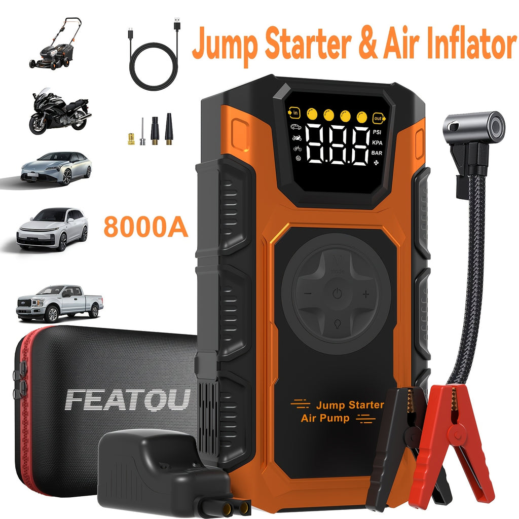 Heavy Duty Jump Starter with Air Compressor 9in 1 Jump Starter, 9000A Heavy Duty Jump Starter (for 2.64gal GasOr 2.38gal Diese)Battery Charger with Intelligent Safety Jumper Cable, Start Power Supply with Air Compressor, 9000AOr8000A Is Optional