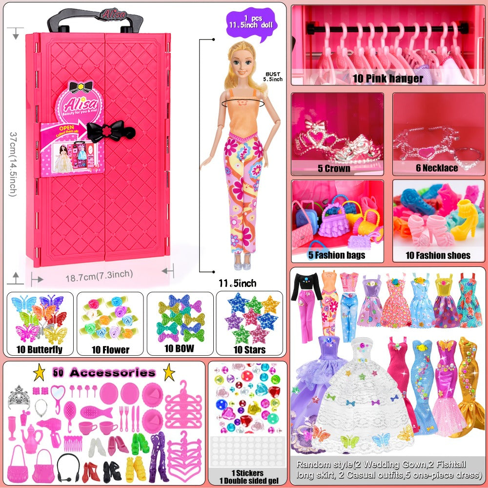 Fashion Doll Closet Wardrobe 139pcs Clothes Accessories Playset for 11.5 Inch Dolls – Princess Mermaid Dresses Shoes Hangers Handbags DIY Stickers Creative Gift for Girls Ages 3+ Birthday Christmas
