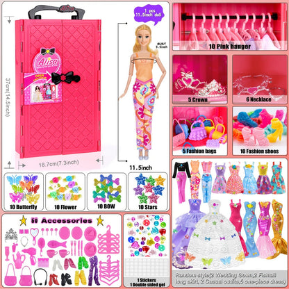 Fashion Doll Closet Wardrobe 139pcs Clothes Accessories Playset for 11.5 Inch Dolls – Princess Mermaid Dresses Shoes Hangers Handbags DIY Stickers Creative Gift for Girls Ages 3+ Birthday Christmas