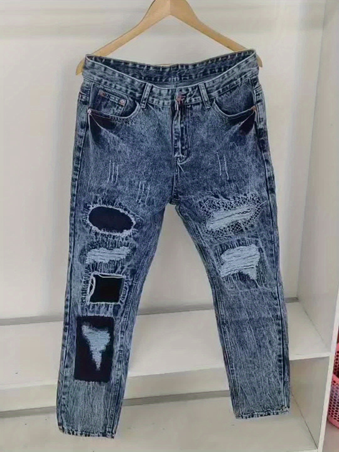 Women's Mid-Rise Straight Leg Jeans - Blue Distressed