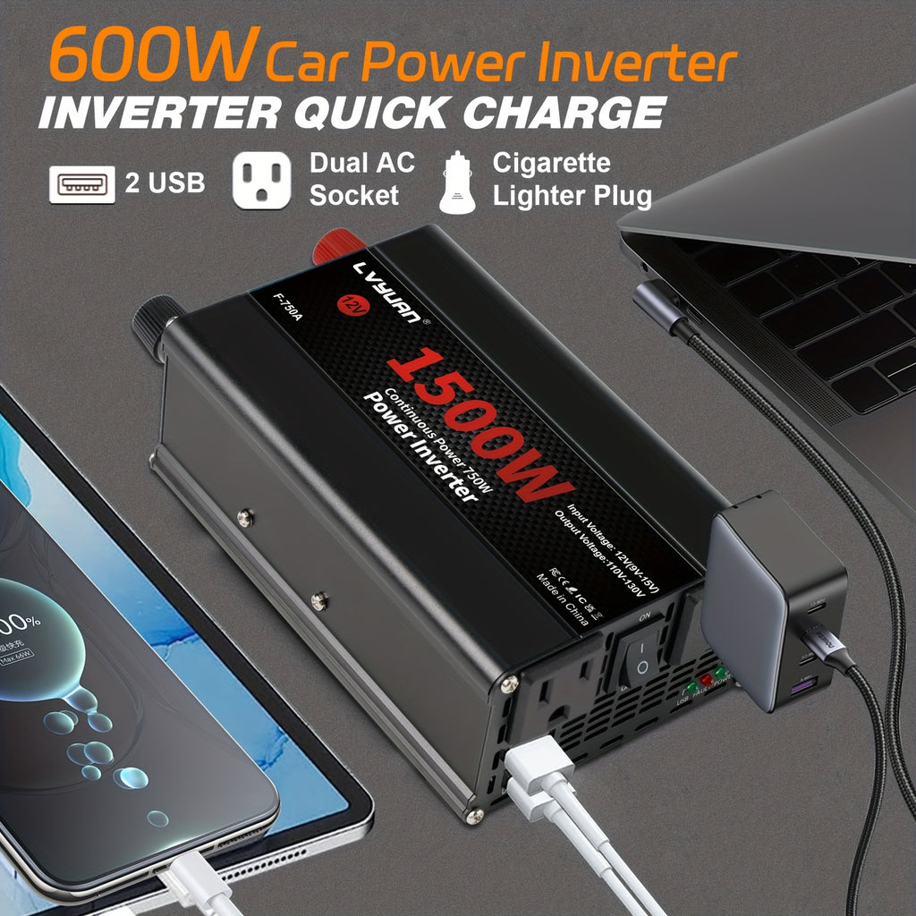 LVYUAN Car Power Inverter 600W/4000 Watt 12V To 110V With 4 AC Outlets, LCD Display, Wireless Remote Control, Car Power Inverter For Car, RV, Truck, Off Grid Solar System, Camping 24V Car Accessories, Without Battery
