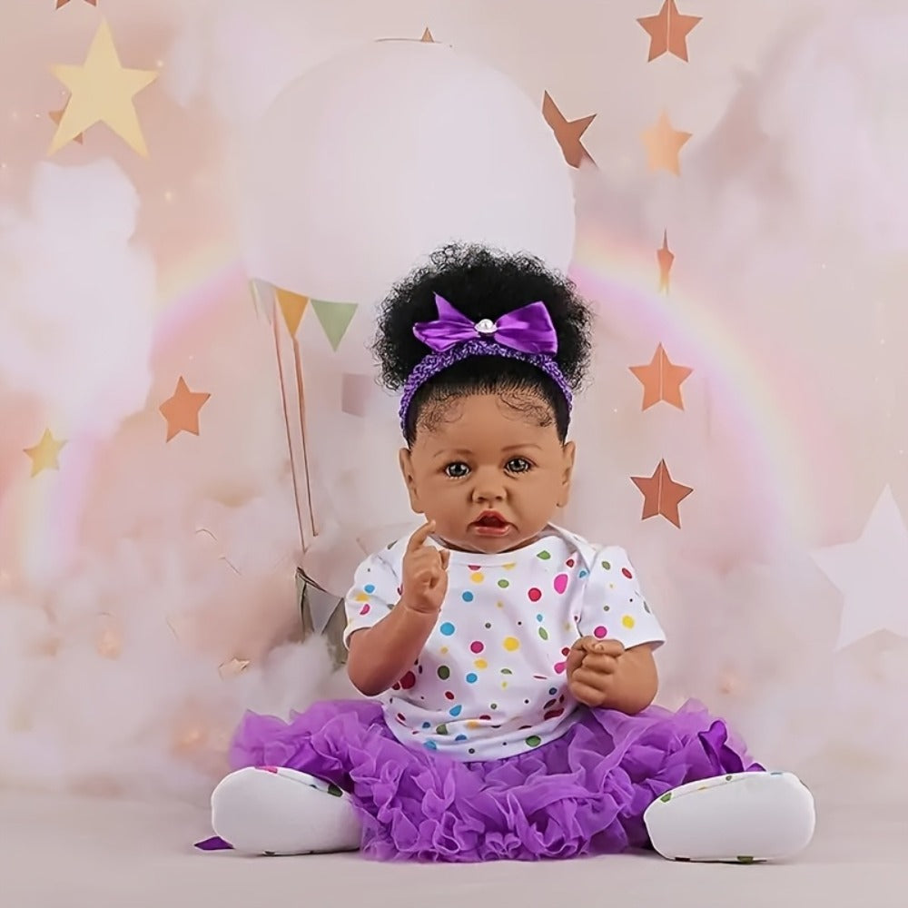 African American Reborn Baby Doll 21.5 Inch Full Vinyl – Curly Hair Black Girl Doll, Hand-Painted Lifelike Skin, Collectible Art Doll, Birthday Christmas Holiday Gift for Kids Ages 3+ & Collectors
