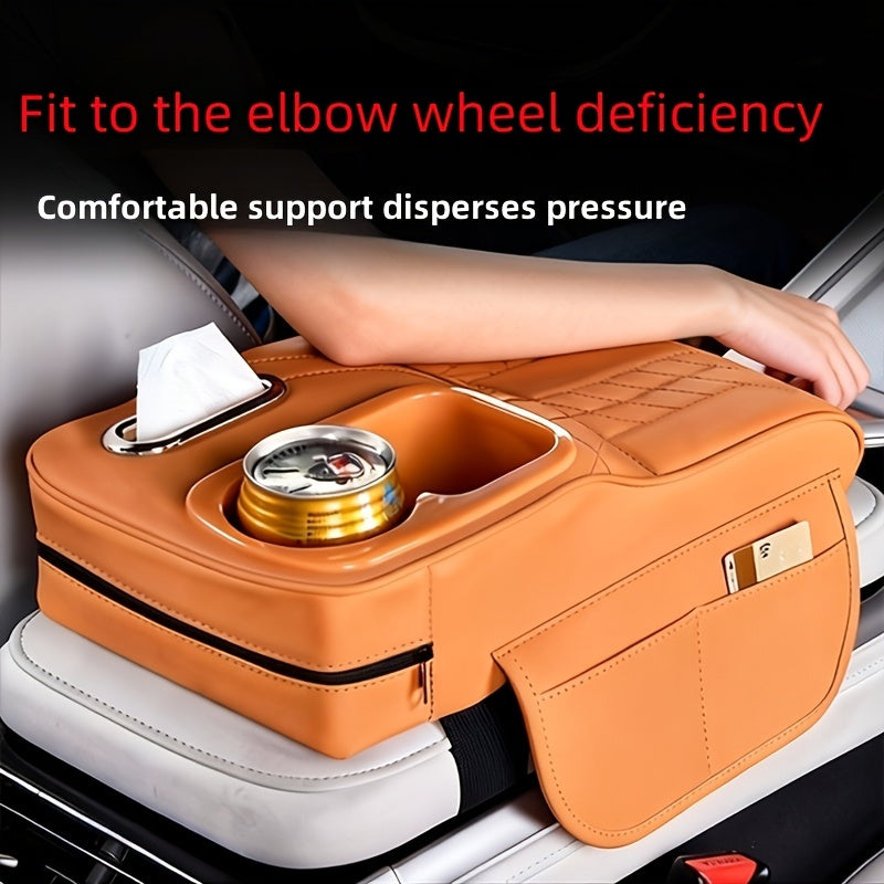 A Car Center Armrest Pad Designed to Elevate Height, Featuring a Tissue Box And a Cup Holder, Available in Various Colors for Storage