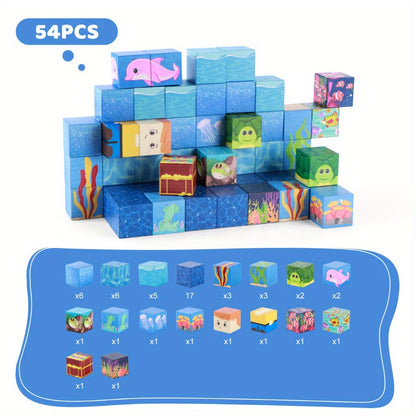 Ocean Adventure Magnetic Building Blocks 54/100pcs – STEM 3D Sea Theme Magnet Tiles Set Vibrant Colors Imagination Hand-Eye Coordination Toy for Kids Ages 3+, Best Birthday Christmas Gift