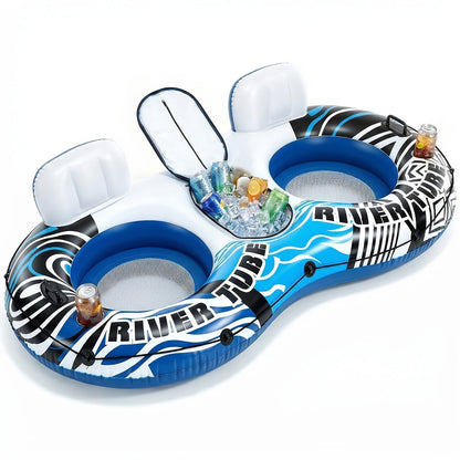 2 Person Inflatable Pool Float Bed with Detachable Cooler & 2 Cup Holders – Heavy Duty Double Adult Lounge Raft for Swimming Pool River Lake Drifting Summer Couples Gift