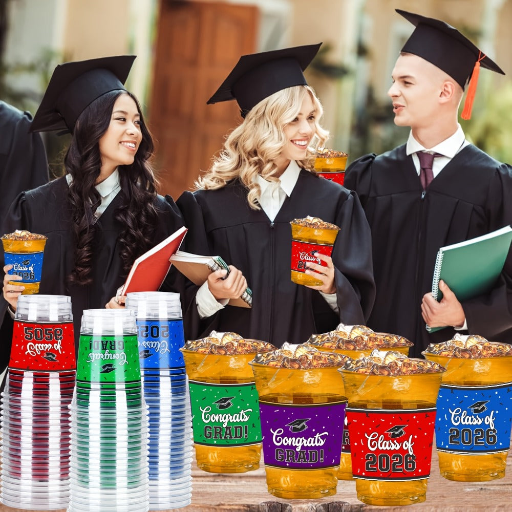 Graduation Plastic Mugs 100 Pack 14oz – 2026 Graduation Party Cups in Black Red Blue Green Purple Maroon for Graduation Ceremony, Reception, Celebration & School Color Party Drinkware Bulk