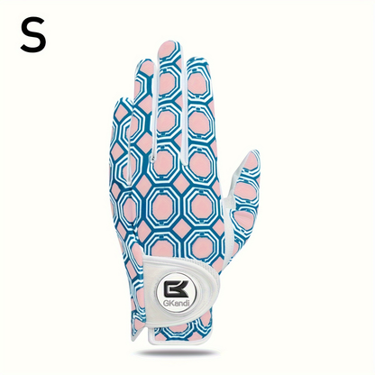 Women's Golf Gloves Left Hand with Ball Marker – All-Weather Grip Leather Golf Glove for Ladies Right-Handed Golfers, Colorful Design, Sizes S M L – Pink & Blue