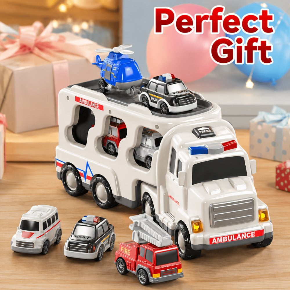 Ambulance Carrier Truck Toy Set 5-in-1 with Light & Sound for Kids Ages 3-8 – Friction Powered Rescue Vehicle Playset Fire Truck Police Car Helicopter Mini Cars Birthday Christmas Gift Boys Girls