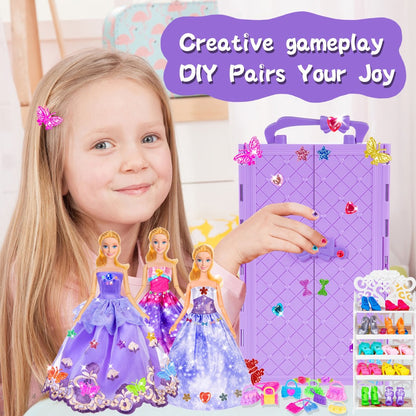 Doll Clothes & Closet Playset 91pcs for 11.5 Inch Fashion Dolls – Wardrobe with Princess Gowns, Dresses, Shoes, Handbags & Accessories, Creative Dress-Up Toy Gift Set for Girls Ages 3+