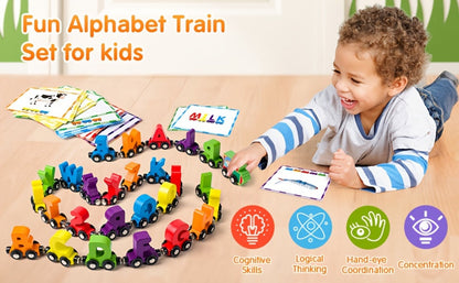 Magnetic Wooden Alphabet Train Set 27PCS ABC Letter Learning Toy with 42 Double-Sided Flash Cards, Engine & Storage Bag – Educational STEM Gift for Boys & Girls Ages 3-6