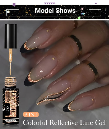 Reflective Glitter Line Gel Nail Art Set LILYCUTE Sparkling Stripe 3pcs 5ml Each - Ultra-Thin Pull Line Drawing Graffiti Gel Polish LED UV Cured DIY Home Manicure for Women