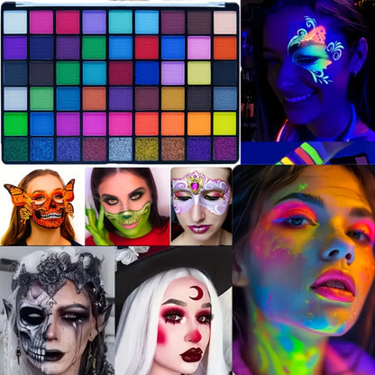 54 Color Face & Body Paint Kit with UV Fluorescent, Matte & Glitter Shades — Pattern Templates, Brushes & Tattoo Stickers for Sports, Cheerleading, Halloween, Festivals & Parties