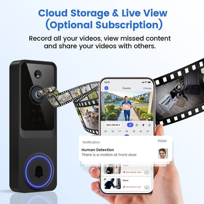 Wireless Video Doorbell Camera 1440P WiFi | AI Snapshot Night Vision Two-Way Intercom Rechargeable Battery | Photo Video Local Storage Smart Home Doorbell White Black
