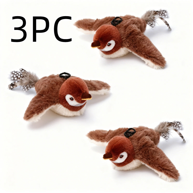 Flying Sparrow Cat Toy with Flapping Wings & Chirping Sound - USB Rechargeable Plush Bird Cat Toy, Touch-Start Interactive Feather Toy for Indoor Cats, Realistic Bird Motion & Calls