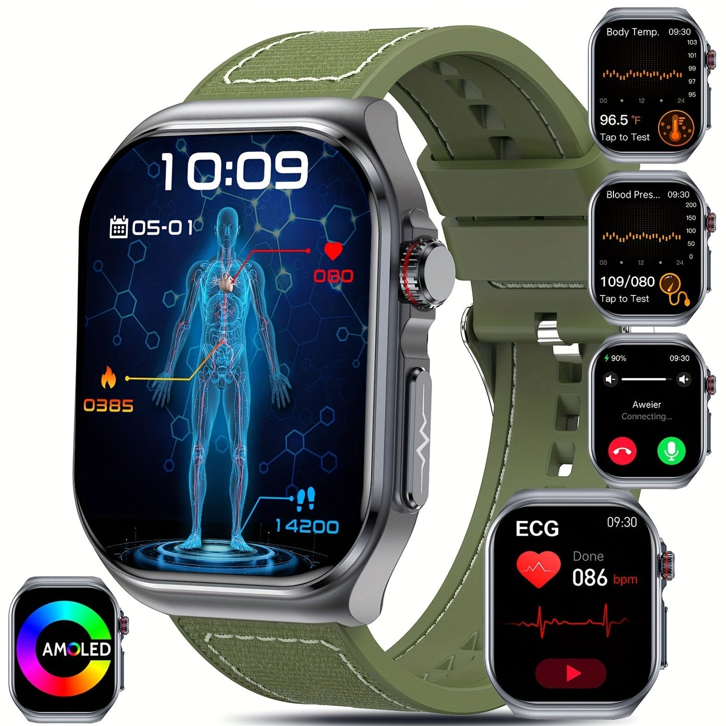 AMOLED Smartwatch 2.04" Display, Bluetooth 5.3 Calling, NFC, 530mAh Battery, Multi-Sport Modes, Voice Assistant, SOS, Menstrual & Weather Forecast, Magnetic Charging, Compatible with iOS & Android, Unisex Gift for Men & Women